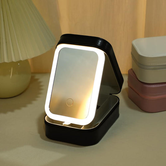 Portable LED makeup mirror with storage base, black case with bright illuminated panel