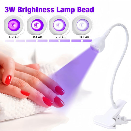 White clip-on UV LED nail curing lamp with flexible gooseneck and glowing light
