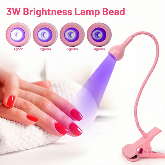 Pink UV LED nail curing lamp with flexible gooseneck clip and glowing purple light
