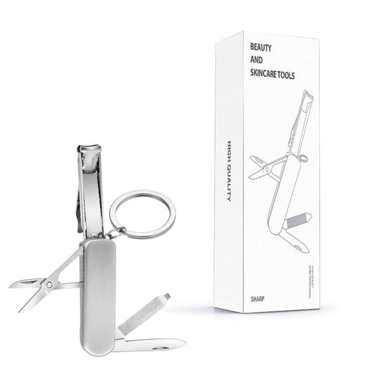 Foldable stainless steel nail clipper multitool with keychain and blade, scissors, file