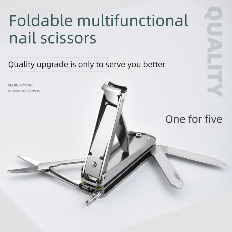 2-PCS Black 5-in-1 Foldable Stainless Steel Nail Clipper Multitool Keychain with Knife Scissors and File Portable Pocket Manicure Set