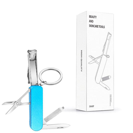 Folding multifunction nail clipper keychain with blue handle, ring, scissors, and file