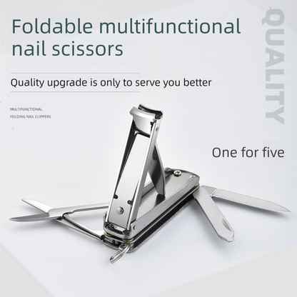 2-PCS Blue 5-in-1 Foldable Stainless Steel Nail Clipper Multitool Keychain with Knife Scissors and File Portable Pocket Manicure Set