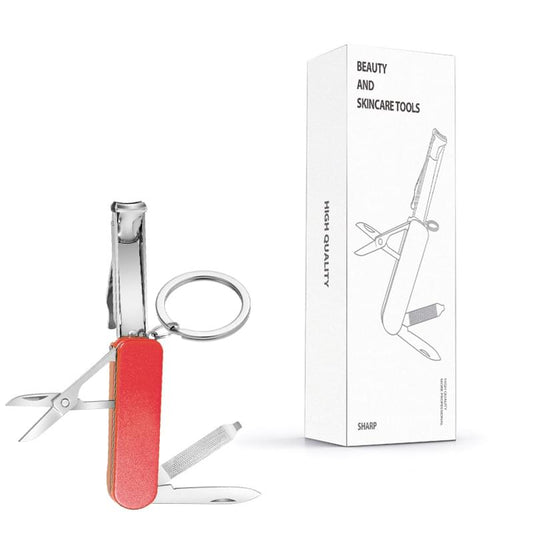 Red keychain manicure multitool with scissors, nail file, and pocket knife