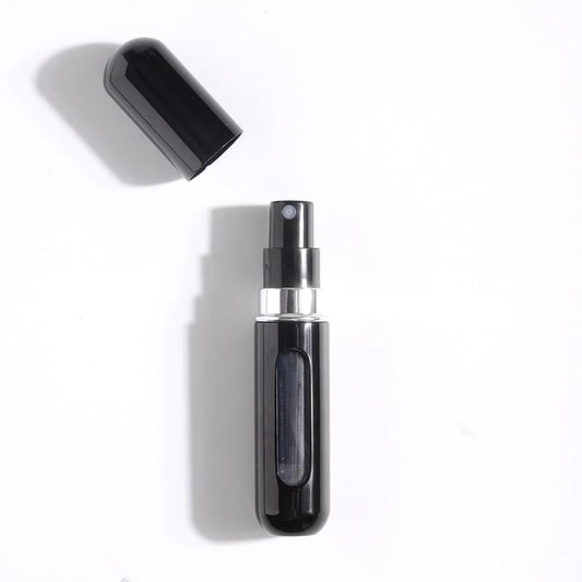 Black refillable bottom-fill perfume spray atomizer bottle, with protective cap