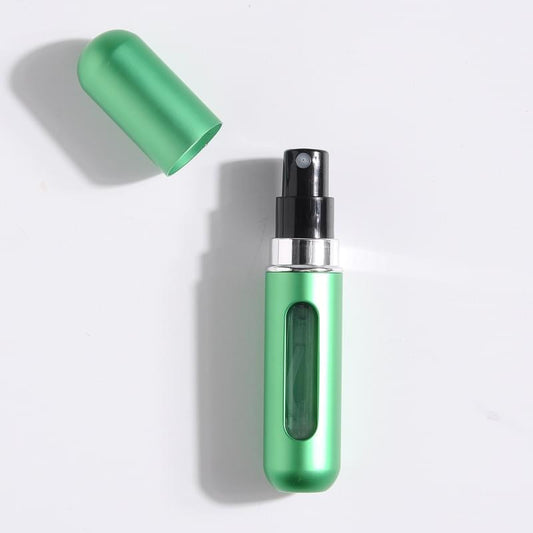 Green refillable perfume atomizer with bottom-fill sprayer, 5ml size