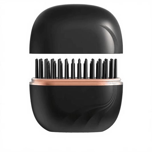 Black cordless hair straightener brush with rose-gold base and wide comb bristles
