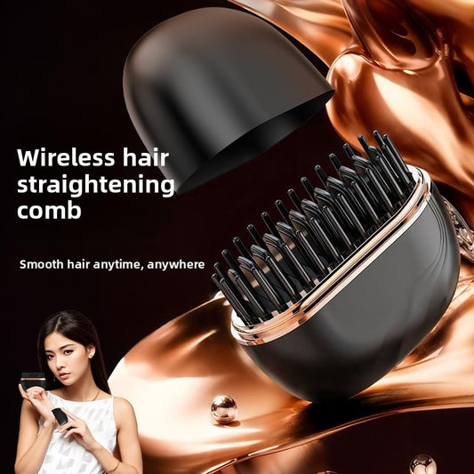 Black wireless hair straightener brush with rose-gold trim and upright comb bristles