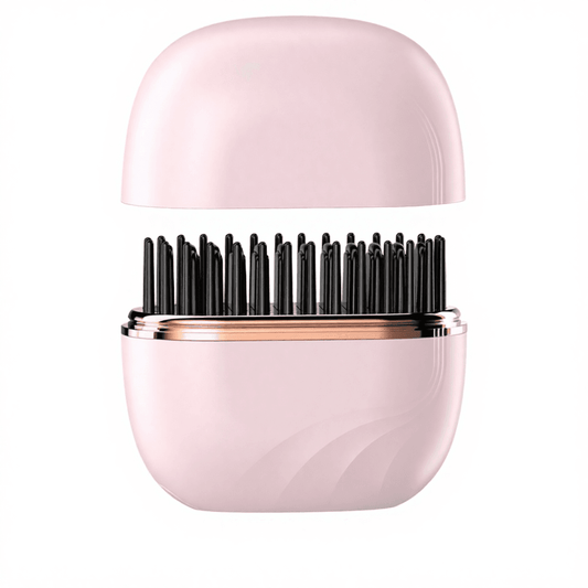 Pink cordless hair straightener brush with black pin comb bristles