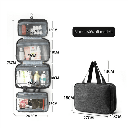 Gray hanging toiletry bag with three fold sections, mesh pocket, and transparent wet section