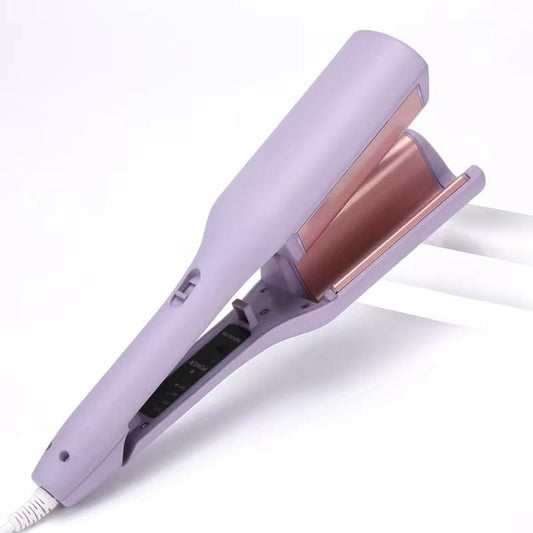 Purple hair waver curler with copper barrel in open, ready-to-style position