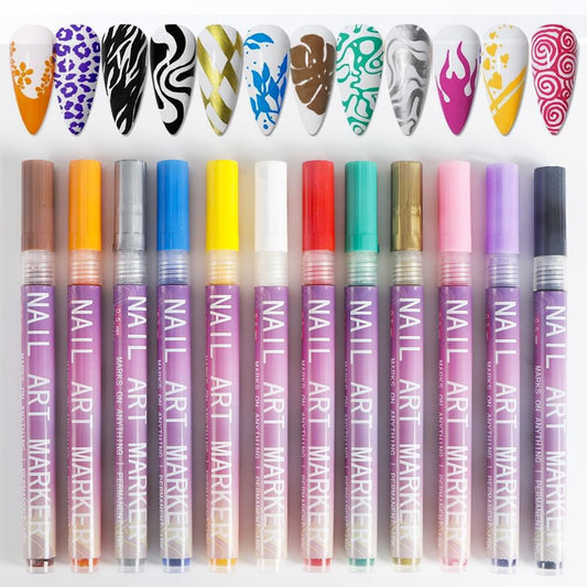 Colorful nail art fine-tip marker set, 12 acrylic pens with caps and tips