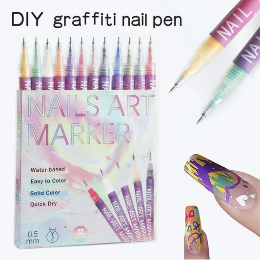 Nail art graffiti pen set in box with fine-tip markers in assorted pastel and neon colors