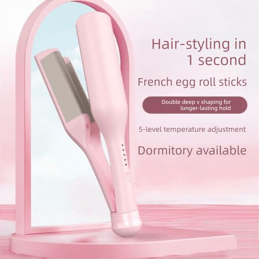 Pink ceramic hair waver with deep V egg-roll barrel