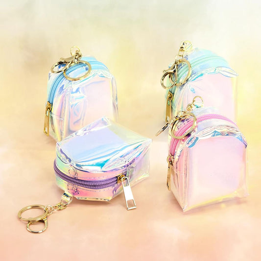 Iridescent holographic mini backpack keyring pouch, small transparent TPU, gold hardware