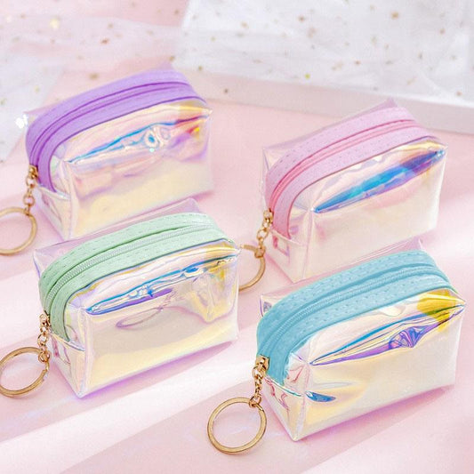 Set of 4 holographic mini coin purses with zipper and gold keyring, iridescent TPU