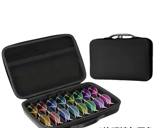 Black hard-shell sunglasses organizer case with 8 slots and carry handle, open view