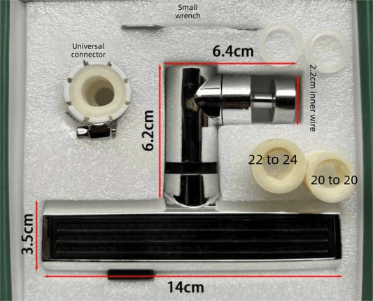 Chrome tap extender aerator kit with universal connector, wrench, and adapter rings