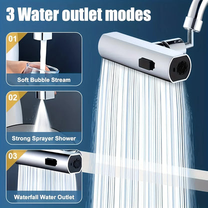 Waterfall Kitchen Tap Extender 360 Swivel Faucet Aerator Attachment 3 Spray Modes High Pressure Splash Proof Sink Nozzle with Universal Adapters Chrome Finish