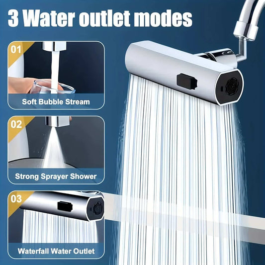 Chrome faucet aerator attachment with three spray modes and waterfall outlet