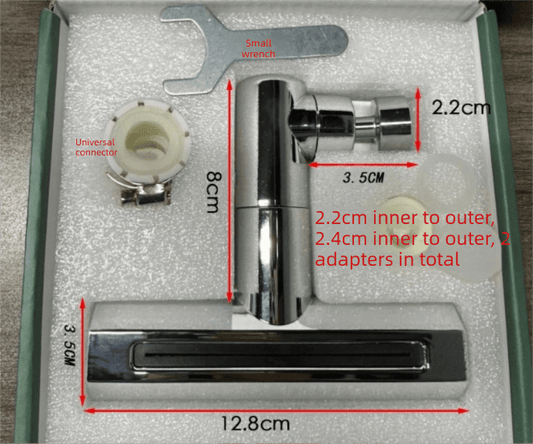 Chrome kitchen faucet aerator extender with universal adapter and 4-spray nozzle, labeled sizes
