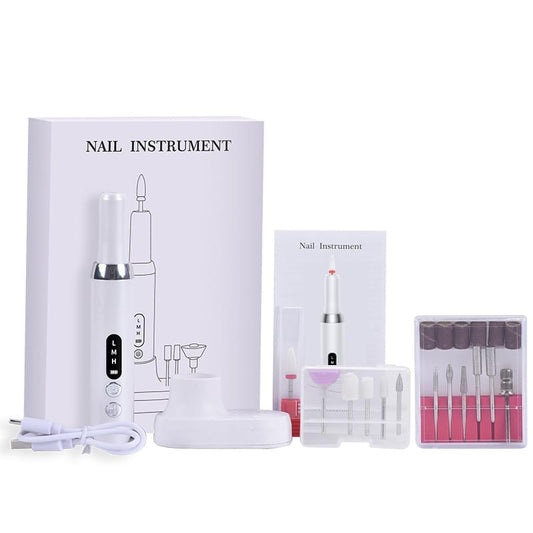 Cordless electric nail drill machine in white with charging base and accessory bits