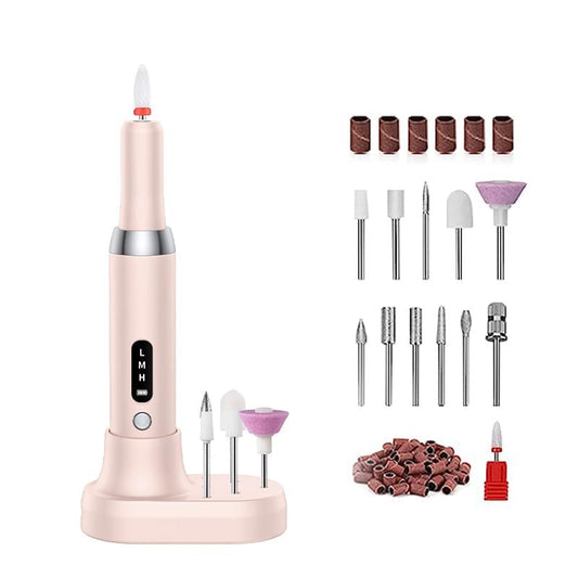 Pink cordless nail drill with base stand and multiple manicure drill bits