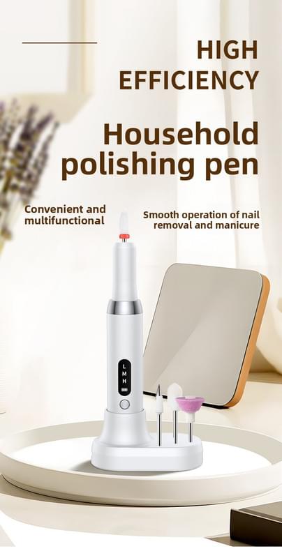 Cordless nail drill on a charging base with removable attachment bits