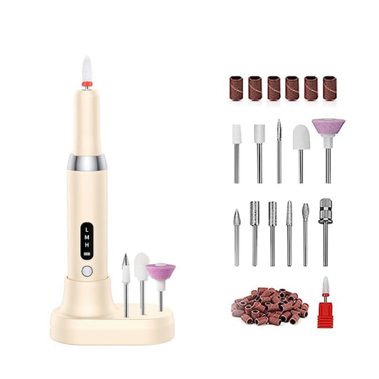 Cordless electric nail drill kit with charging base and assorted sanding bits