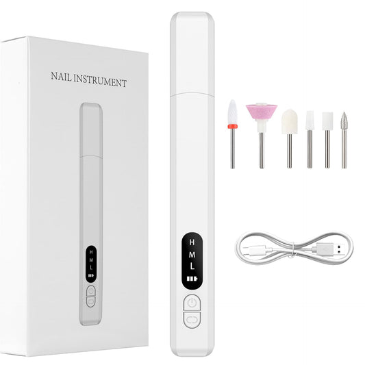 Cordless nail drill pen, white, LED display and speed buttons.