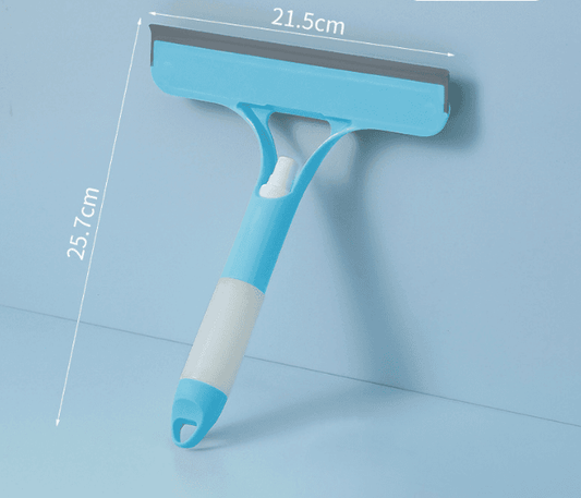 Blue-and-white window squeegee with spray trigger handle and silicone squeegee blade