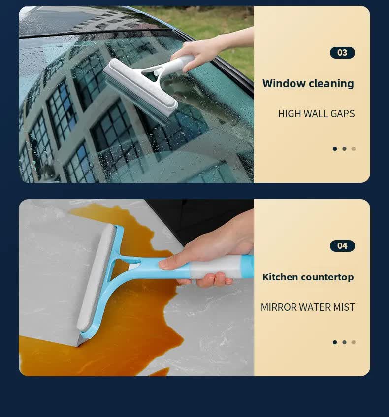Blue 3-in-1 Window Squeegee with Built-in Spray Bottle - Dual Sided Sponge Glass Cleaner - Streak Free Tool for Shower Screens, Mirrors & Car Windows
