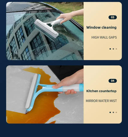 Blue 3-in-1 Window Squeegee with Built-in Spray Bottle - Dual Sided Sponge Glass Cleaner - Streak Free Tool for Shower Screens, Mirrors & Car Windows