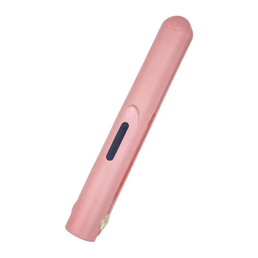 Pink cordless mini hair straightener and curler with dark display window