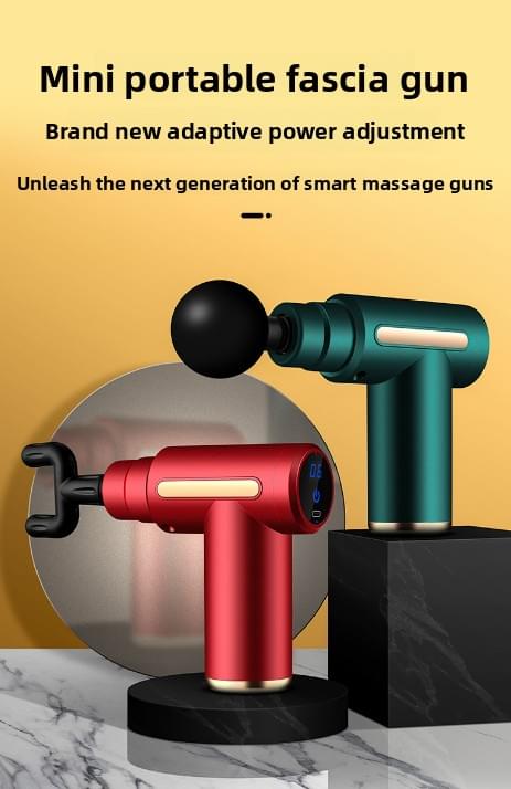 Mini portable fascia gun set with red and teal handheld massage guns on base