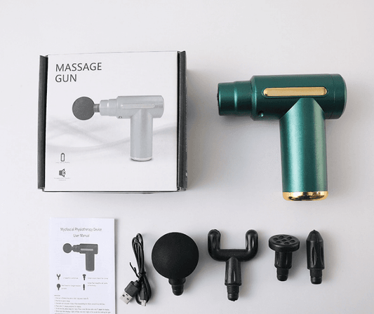Green mini massage gun set with massage heads and Type-C charging cable