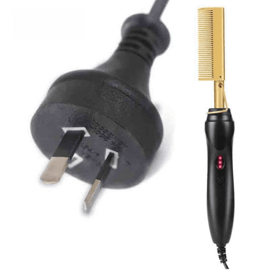 Electric hot hair comb straightener with gold titanium teeth and black handle