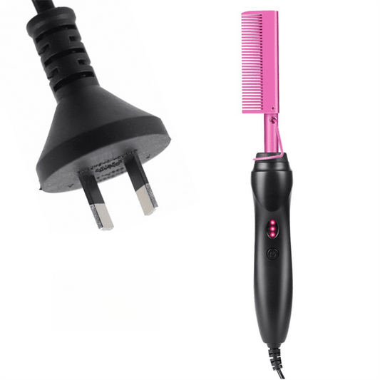 Electric hot comb hair straightener with pink heated comb, black handle, and AU plug