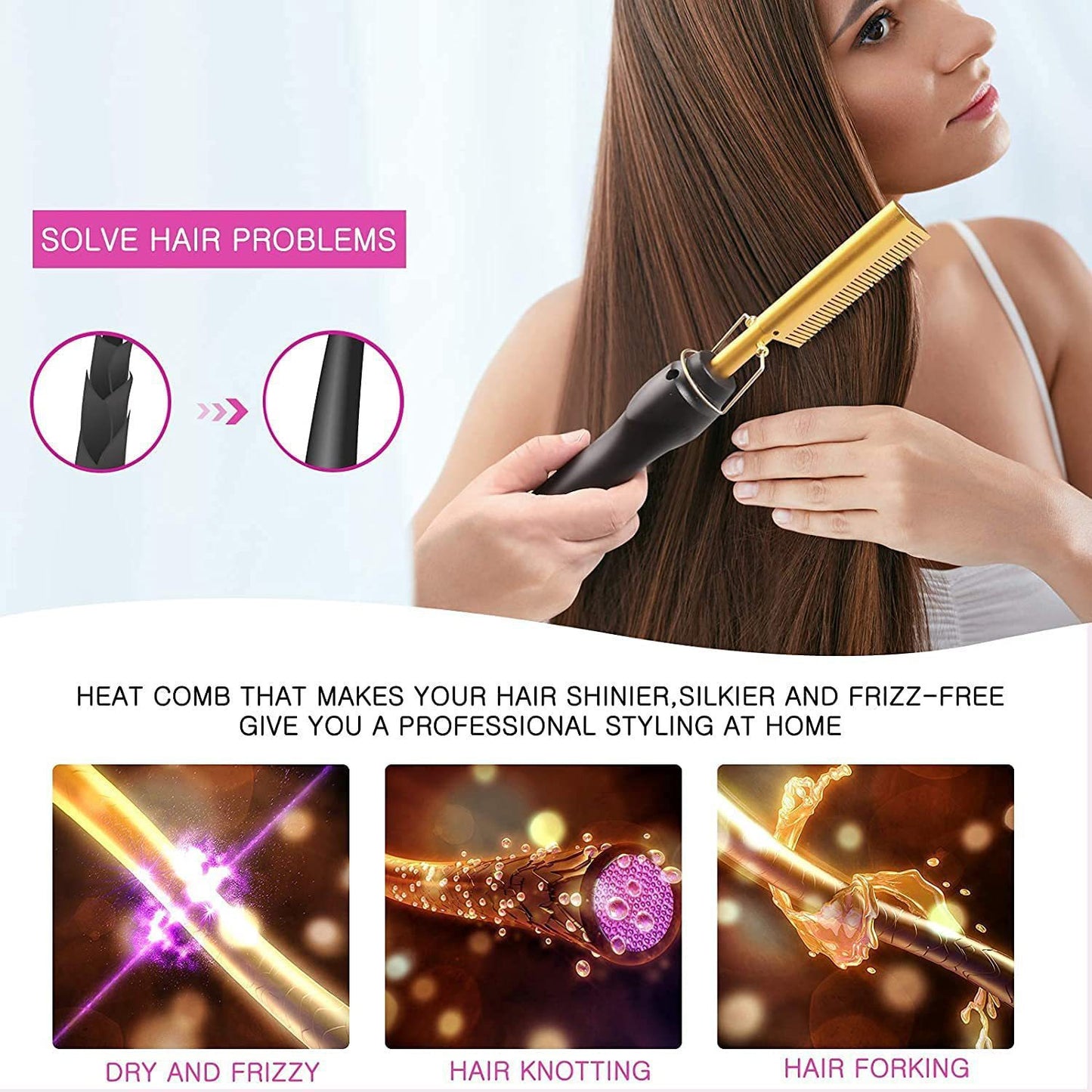 2-in-1 Electric Hot Comb Hair Straightener & Curler Titanium Alloy Heating Fast Heat Up Anti-Scald Pressing Comb with AU Plug 3 Temp Settings Pink