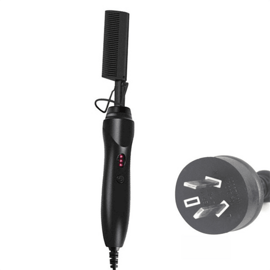 Black 2-in-1 electric hot comb hair straightener with heated teeth and control LEDs