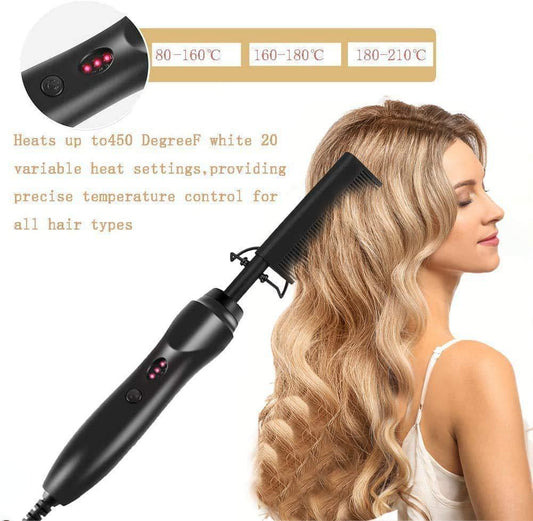 2-in-1 electric hot comb straightener with indicator lights on black handle