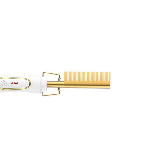 Electric hot comb hair straightener curler heating comb with gold teeth and white body