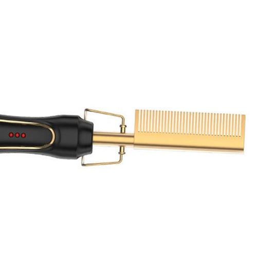 Electric hot comb hair straightener with gold comb plate and black handle