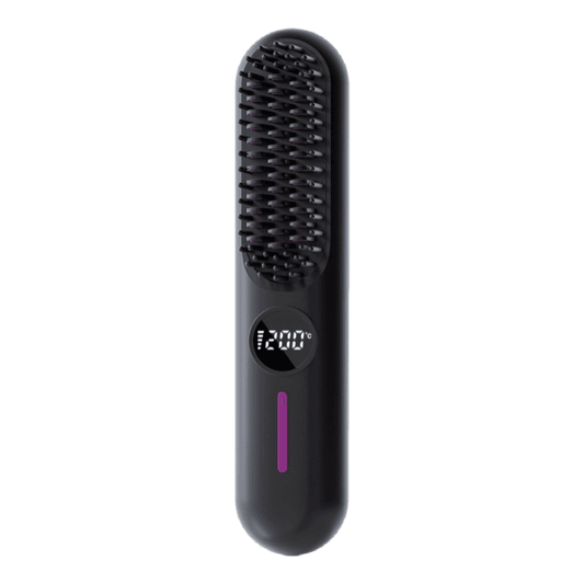 Black cordless hair straightener brush with purple LED display