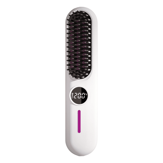 White cordless hair straightener brush with rounded LED temperature display