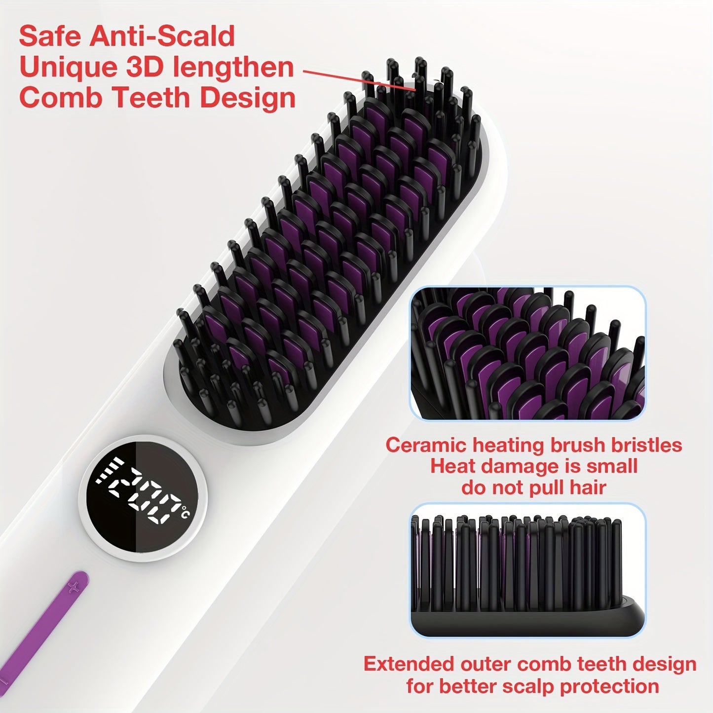 S01 White Cordless Hair Straightener Brush - 2-in-1 Curling & Straightening Tool with LED Power Display and 7-Level Temp Control, Mini Quick Heat Anti-Damage