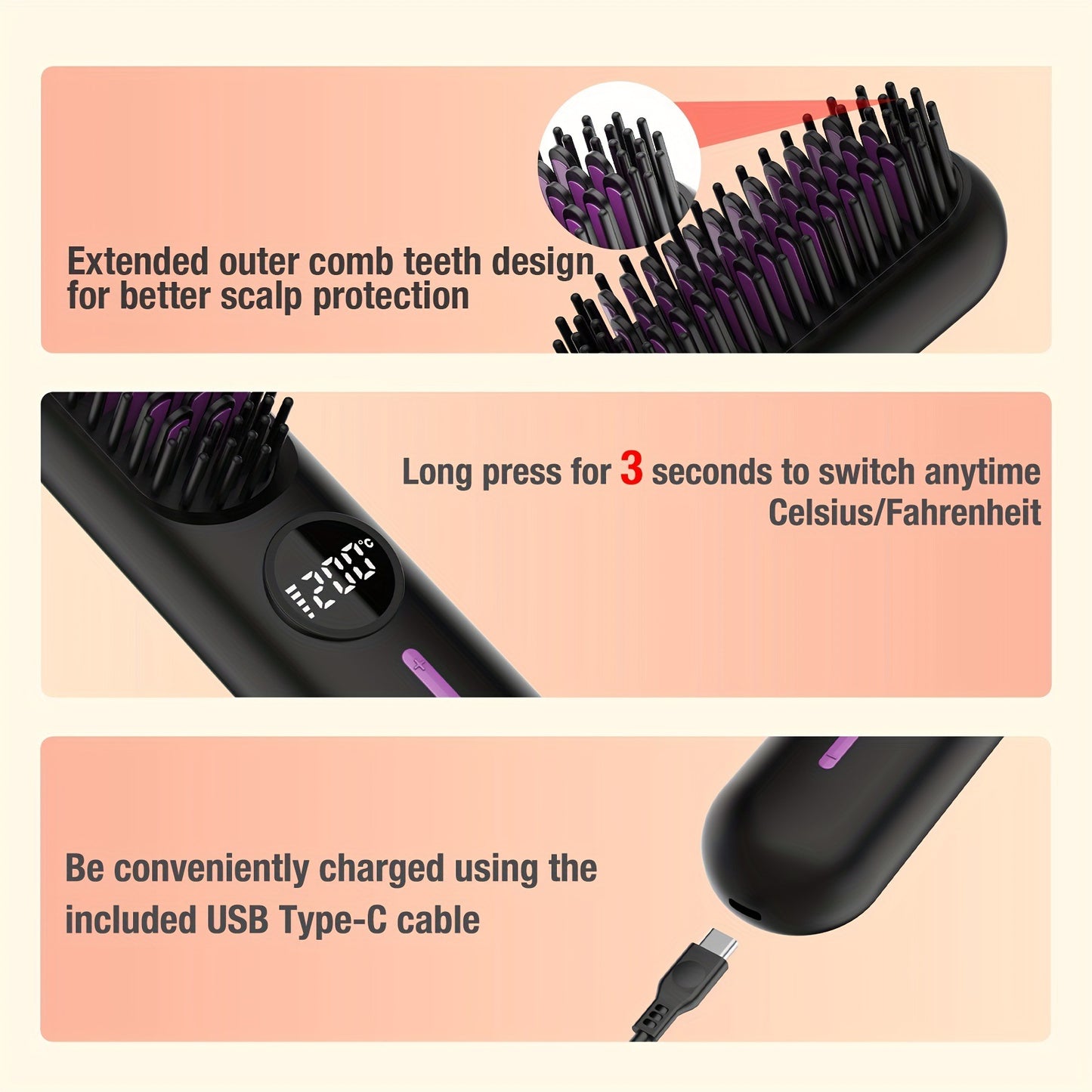 S01 White Cordless Hair Straightener Brush - 2-in-1 Curling & Straightening Tool with LED Power Display and 7-Level Temp Control, Mini Quick Heat Anti-Damage