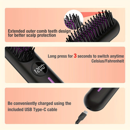 S01 White Cordless Hair Straightener Brush - 2-in-1 Curling & Straightening Tool with LED Power Display and 7-Level Temp Control, Mini Quick Heat Anti-Damage