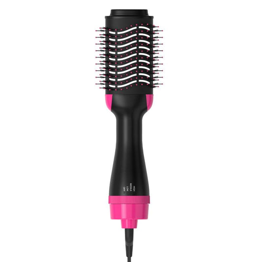 Hair styler brush with black body and pink accents, rotating bristle barrel
