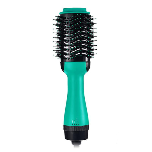 2-in-1 hot air styler brush with teal handle and round rotating bristle head, black base